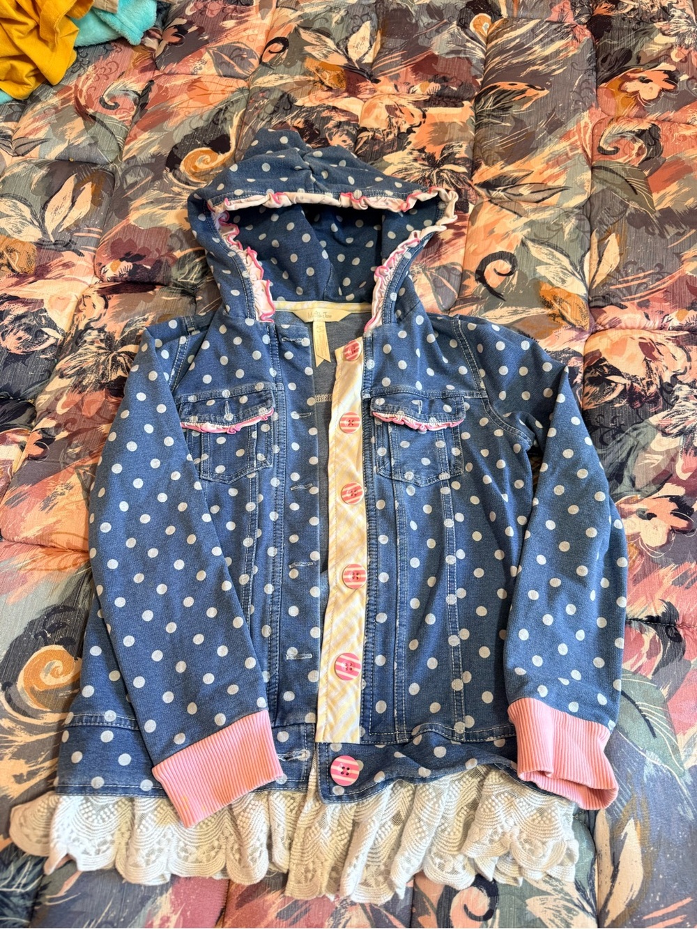Matilda Jane Blue Polka Dot Hooded Denim-Style Jacket with Pink Trim